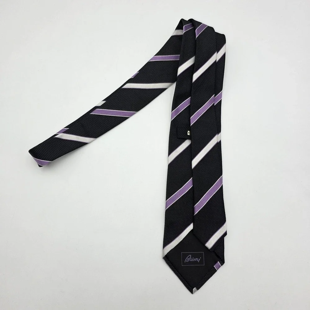 Brioni Black Silk Tie Purple Silver Stripe Handmade Italy Classic‎ Luxury